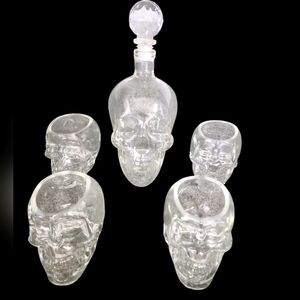Glass Skull Decanter With stopper and 4 Skull Shot Glasses.